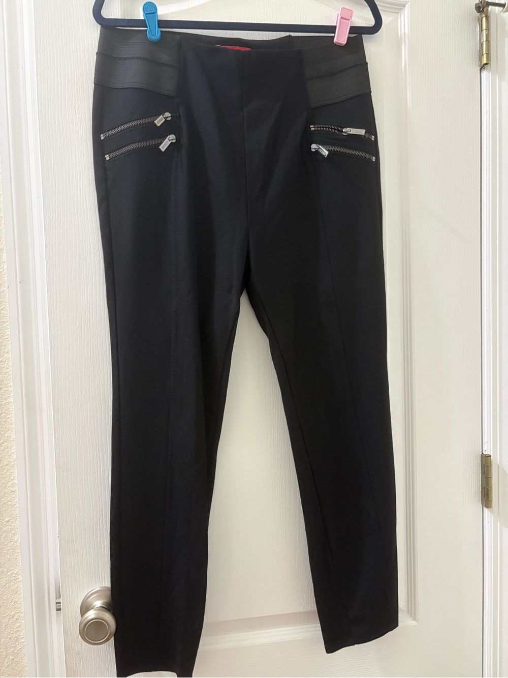 Guess Black Straight-Leg Ponte Pants with Zip Details